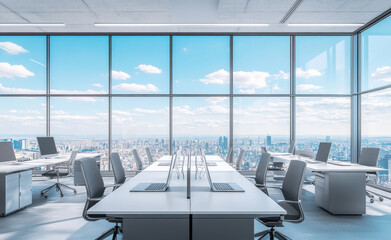 Modern office interior with large windows showcasing city skyline and bright blue sky. workspace features sleek desks and computers, creating productive atmosphere