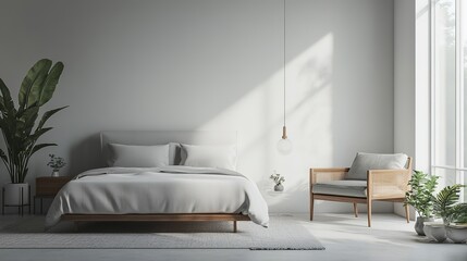 Modern bedroom interior with a minimalist design featuring soft lighting and large windows in a high-rise building