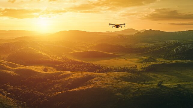 Aerial view of a drone flying over lush green hills during golden hour at a scenic landscape in nature