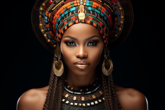 Elegant woman sporting traditional headdress adorned with beads and feathers in soft lighting