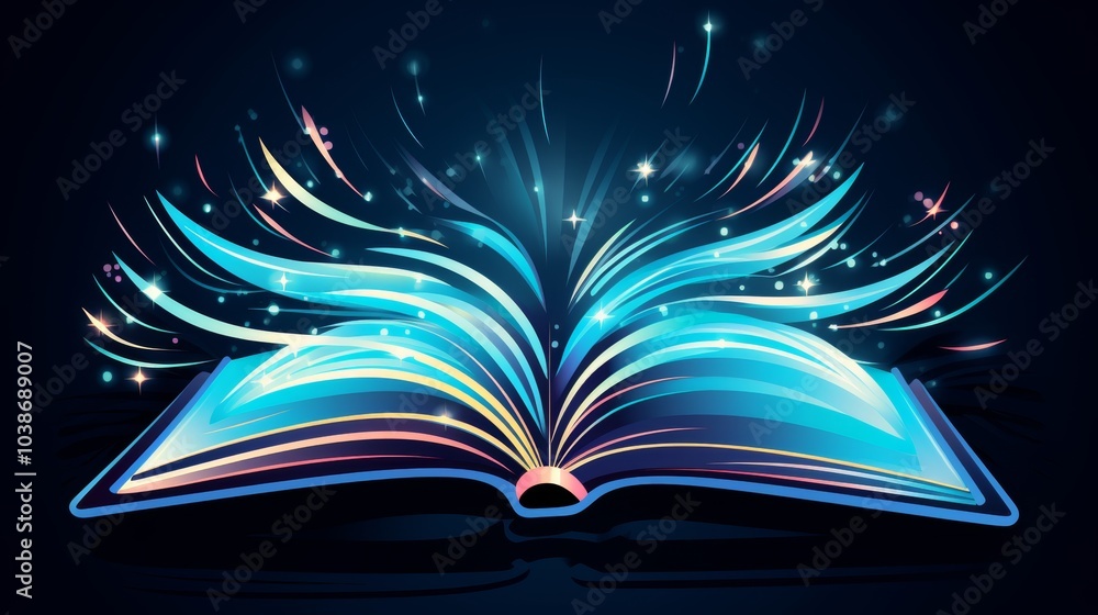 Poster illuminated book pages soft light shining from open illustrations against a dark background