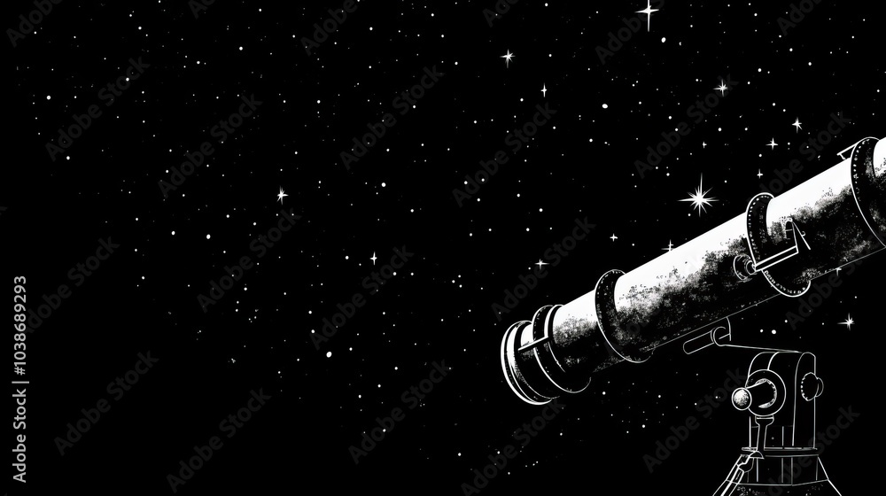 Poster simple telescope pointing into space with starry background in black and white contrast