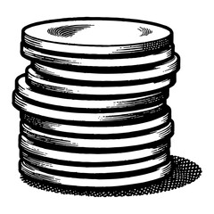 Stack of Coins in Detailed Black and White Outline Line Art Drawing Side View