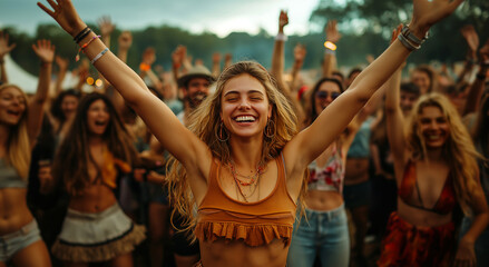Fototapeta premium A joyful woman at a music festival raises her arms in celebration, surrounded by a lively crowd. The energy of the crowd is infectious, as everyone enjoys the outdoor festival vibes.