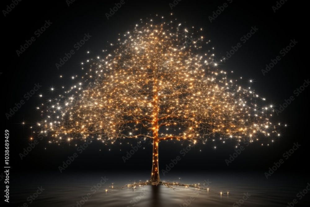 Poster minimalist christmas tree design with solid lines and dots of light for a festive touch