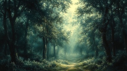 A tranquil forest scene enveloped in soft, diffused light. Tall trees create a natural archway, their leaves lush and vibrant. A winding path appears to lead deeper into the woods, covered with a ligh