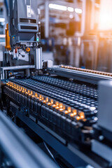 High Capacity Battery on Conveyor belt. Lithium-ion Cells Manufacturing Process. Battery Cells production Line.