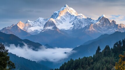 Snow-covered mountain peak above clouds