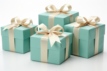 Obraz premium Minimalist holiday gifts pale green wrapped with turquoise ribbon for a chic christmas tree