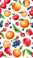 Seamless pattern with watercolor fruits and cookies on white background. New Year mood isolated with white highlights, png