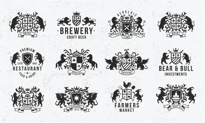 Vintage logo set. Heraldry logo templates. Lions, Taurus, Dragons emblems. Crest, Coat of Arms design. Vector illustration