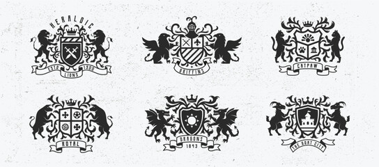 Heraldic, Coat of Arms, Crest logo set. Modern design posters with floral ornaments. Label, badge, emblem for Coat of Arms. Luxury logo, crest. 
