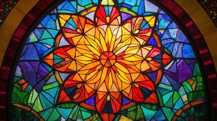 Vibrant stained glass window with intricate patterns and bright colors, creating a beautiful visual display.