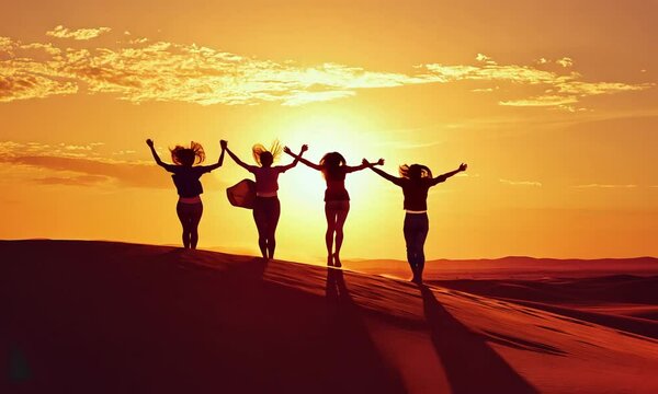 happy friends jumping at beach