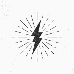 Lightning bolt  icon with light rays. Vintage Thunder icon with stamp effect. Vector illustration