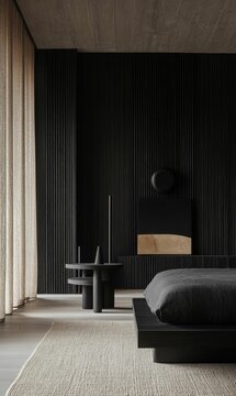 Minimalist bedroom with black walls and a bed.