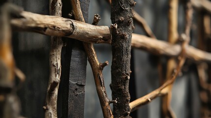Close-up of rustic frames made from twigs and branches, highlighting their organic, raw designs.