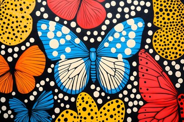 A vibrant artwork featuring colorful butterflies amidst a backdrop of black, adorned with polka dots and a variety of floral shapes.