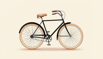 Classic black bicycle with brown leather seat and handles on a neutral background.