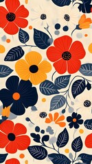 A vibrant floral pattern featuring red, orange, and navy flowers with green leaves on a cream background.