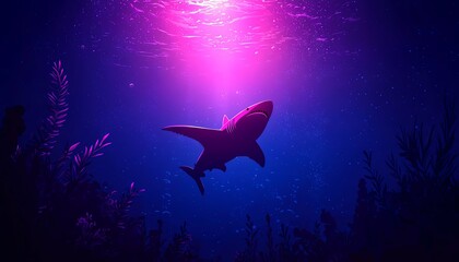 Fototapeta premium A majestic shark swims gracefully under vibrant purple light in an underwater scene.