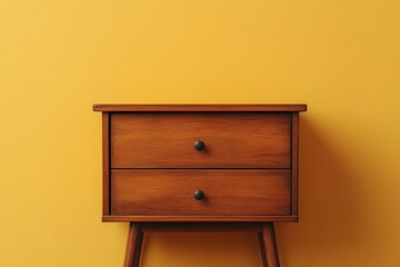 Modern Chest of Drawers on Wooden Stand Against Yellow Wall, Ideal for Furniture Store Promotion in Minimalist Style
