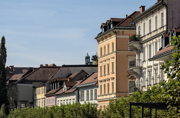 colorful buildings in downtown ljubljana slovenia city center (beautiful european architecture in...