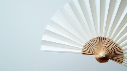 Close-up view of a white folding hand fan, fully opened against a bright white background for product mockup.