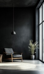 Modern minimalist living room with a chair, plant, and rug.