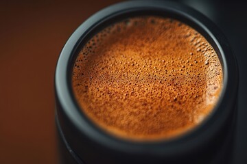 A close-up of rich, dark coffee in a cup, showcasing a smooth surface and detailed texture.