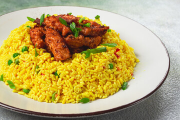 crispy chicken fillet in soy sauce, with fried rice, homemade, no people,