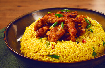 crispy chicken fillet in soy sauce, with fried rice, homemade, no people,