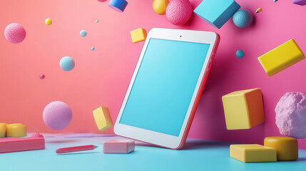 vibrant 3D render of sleek tablet surrounded by colorful geometric shapes, including cubes and spheres, on pink and blue background. scene is playful and modern