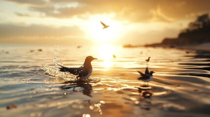 Oil spill on the surface of the ocean with seabirds covered in oil, showcasing environmental disasters in marine ecosystems