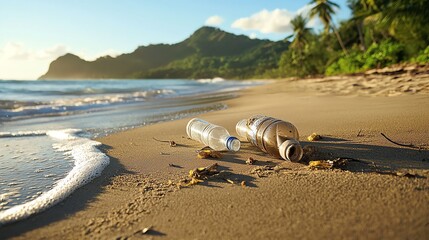 Obraz premium Plastic bottles and trash washed up on a pristine beach, symbolizing the human impact on natural environments