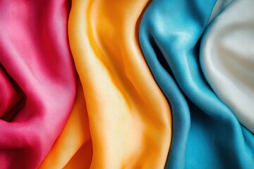 A vibrant display of silky fabrics in red, orange, light blue, and cream, showcasing smooth textures and flowing drapes.
