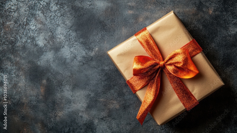 Poster the large gift box, wrapped in neutral paper and adorned with an orange bow, awaits a recipient on a