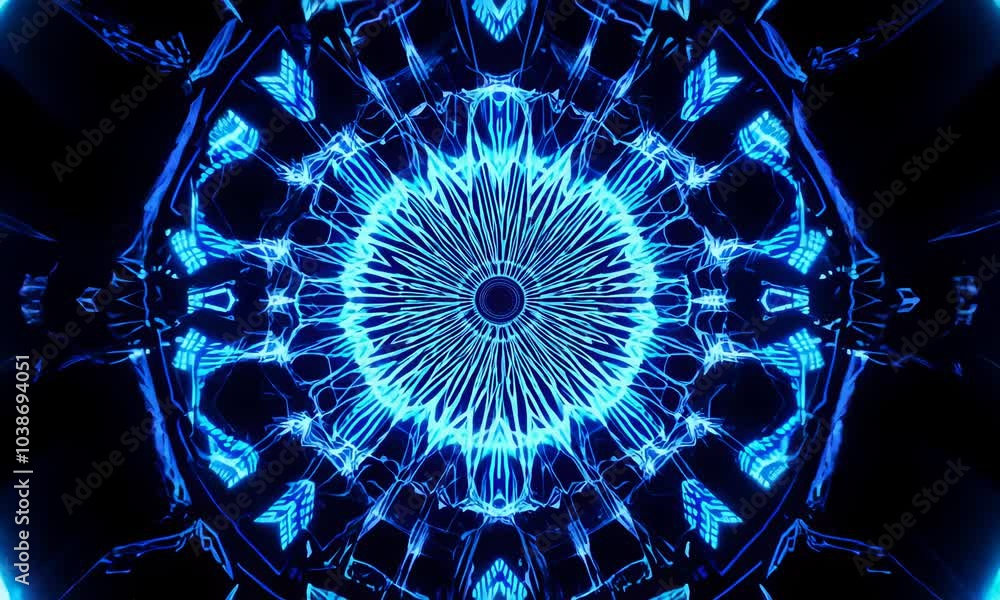 Poster A mesmerizing kaleidoscope pattern with glowing blue lines creating a complex and intricate design.