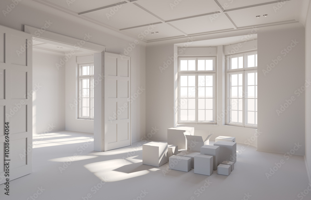 Aufkleber cardboard boxes in an empty luxury apartment. modern interior. moving concept. 3d rendering. clay re