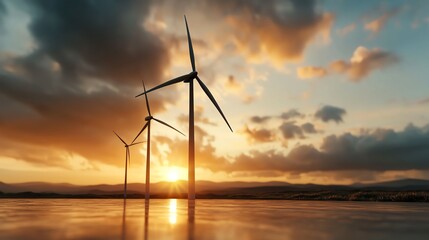 Obraz premium Wind turbines spinning in a stormy landscape, symbolizing the balance between clean energy and environmental challenges