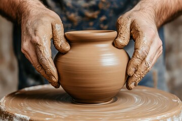 A potter shapes a clay vessel on a spinning wheel, hands covered in wet clay, demonstrating the art of pottery making.