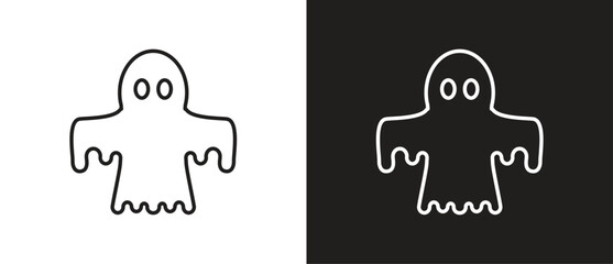 Cartoon style fly ghost icon. Icon of ghost characters with outlined style, Halloween ghost icon, October party scary clipart, Ghost vector illustration in black and white background. Editable stroke