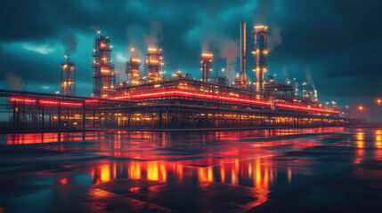 Fototapeta premium large industrial refinery glows with vibrant red and orange lights against moody, cloudy sky. wet ground reflects illuminated structure, creating dramatic and futuristic atmosphere