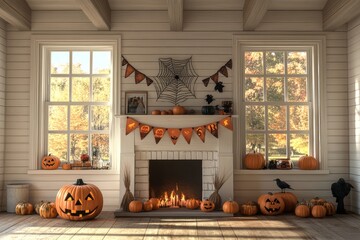 Obraz premium Vibrant Halloween decorations in an empty room with white walls, wooden beams, and autumn windows, featuring a festive fireplace adorned with pumpkins and spooky elements.