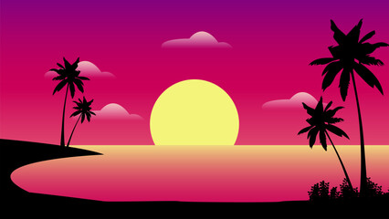 Beautiful Sea View with sunset and silhouette of Coconut Trees. Summer Background