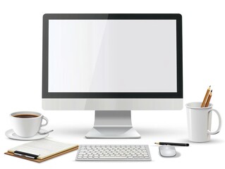 Fototapeta premium A modern work desk setup with a desktop computer, a notepad, and a coffee mug isolated on white