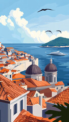 Obraz premium simple flat 2D illustration, vector illustration, simple colors, view on Dubrovnik, city in Croatia. Famous touristic must-see spot in Croatia, europe.