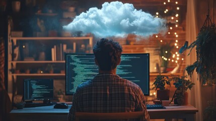 Rear view of a programmer working on code with a cloud computing concept.