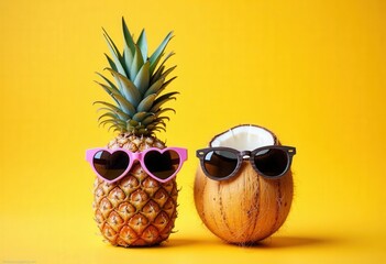 Pineapple and Coconut Wearing Sunglasses on Yellow Background