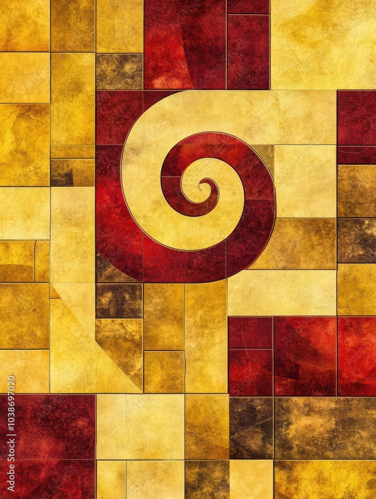 Leinwandbilder A captivating design showcases a golden spiral merging harmoniously with squares and rectangles in vibrant warm hues. Generative AI